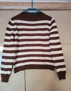 Sweter w paski brązowo-kremowy, klasyczny, S/M