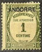 Francja, 1 centym, 1882 r. dla Francji, został nadrukowany dla Andory.