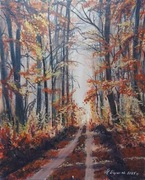 OBRAZ RĘCZNIE MALOWANY PEJZAŻ AKRYLOWY "W MROCZNYM LESIE" - 30x24cm