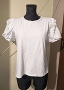 Biała bluzka z bufiastymi rękawami ażurowe falbany basic casual oldmoney