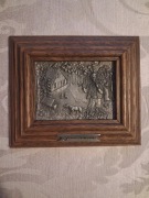 Maly obrazek z cyny plaskorzeżba z ramka