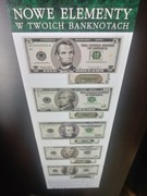 Wzory banknotów USA - Zabezpieczenia. Plakat.