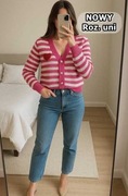 Sweter damski kardigan w paski serce różowy biżuteryjne guziki M L XL