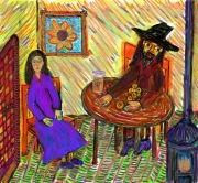 Żyd liczący pieniądze na Płótnie - Grafika -Opolski Nikifor - Żyd na forse