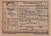 Zawiadomienie o przesyłce poczt.:paczce amer. stempel Gdynia Port 8.19.53 