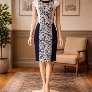 Elegancka sukienka granatowo-biała koronka L - XL wesele chrzciny komunia