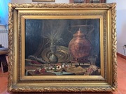 Zabytkowy obraz "Martwa natura z samowarem".B.Sorrola?.Olej na płótnie