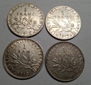 Monety srebrne Francja 1 Frank 1916 1917 1918 srebro 4szt