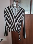 Lekka bluzka z długim rękawem w paski dekolt V z klamrą elegancka sexy