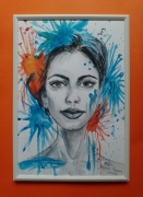 Portret kobiety - akwarela pt. Eksplozja koloru pomarańczowy i niebieski 