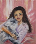 Kobieta i jej kot, obraz olejny ręcznie malowany 50x60, do sypialni