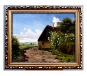 DOMY WŚRÓD KWIATÓW PRZEDWOJENNY CENNY OBRAZ OLEJNY