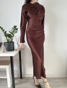 ZARA Nowa z Metką | Sukienka Pleated Midi Crumpled | S | Czekolada