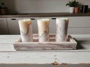 ZESTAW 1 - 3 świeczki + podstawka, marmurkowy odcień brązu i wosk sojowy