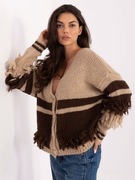 Beżowo-brązowy rozpinany sweter z frędzlami