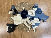 Drewniana mapa Europy + Anglia 3D Miasta dekoracja ścienna 600x400