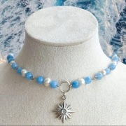 Choker Handmade Naturalne Perły Słodkowodne Akwamaryn Kamień Szlachetny