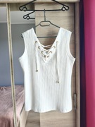 Bluzka bez rękawów prążkowana wiązana biała kremowa XL 42 bawełna basic