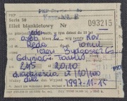 Reda 1997, Blankietowy bilet PKP - Reda / Toruń, stemple