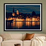 Flensburg – Nocna Panorama Portu - Art Deco, plakat 60x40cm