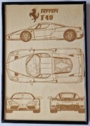 Projekt Ferrari F40 grawerowany na drewnie w ramce