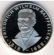 Srebrna moneta 5 marek - Friedrich Wilhelm Raiffeisen. Czytaj opis.