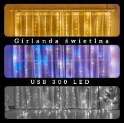 Girlanda kurtyna 300 LED 3x3m, zasilanie USB, 8 trybów, 3 kolory