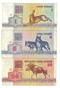 Białoruś, zestaw 3 banknotów 1, 5, 25 rubli 1992