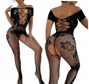 Wycięte Bodystocking otwarte krocze wzór kwiatowy kabaretka