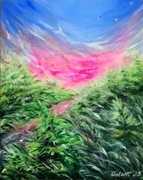 Pejzaż ręcznie malowany 40/30 cm w ramie z passe-partou