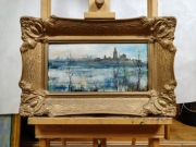 Obraz olejny na dykcie, przedstawiający panoramę miasta nad rzeką 032