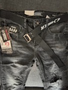 Czarne jeansy z dziurami przecierane z paskiem slim fit rozmiar 30