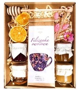 KOSZ PREZENTOWY PREZENT HERBATA MIÓD UPOMINEK KWIATY NA URODZINY WIELKANOC