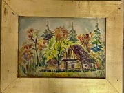 Obraz antyk (Bystra 1957) malowany akwarelą, sygnowany, w złotej ramie 