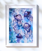 Morska akwarela oryginalna A4 "Meduzy", marynarska, niebieska