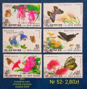 Znaczki fauna, flora:52: motyle, owady, kwiaty- Korea Północna 1987r 
