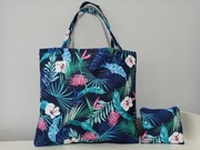 Torba shoper+kosmetyczka handmade print liście, kwiaty