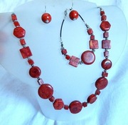 Czerwony koral, zestaw biżuterii, naszyjnik, bransoletka, kolczyki