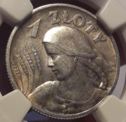 1925 1 ZŁOTY Żniwiarka z kropką Londyn NGC AU55, Starszy grading