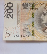 Banknot 200 złotych 2015. DRABINKA! Seria AF0123456. Ekstremalna rzadkość!