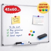 Tablica biała magnetyczna 45x60 + akcesoria | biuro, szkoła, dom
