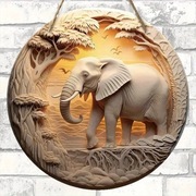 Dekoracyjna okrągła rzeźba  2D SŁOŃ z tłem zachodu słońca 
