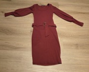 Ołówkowa Kobieca Sukienka PRĄŻKOWANA Dopasowana Pasek Bufki Bordowa