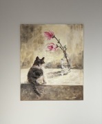 Obraz olejny 50x60 , Ciekawki kotek, ciepłe barwy, idealny na prezent.