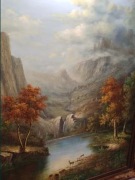 Obraz Olejny na płótnie piękna rama Krajobraz pejzaż górski jelonki antyk