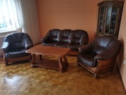 Komplet skórzany dębowy 3+1+1 stolik stan idealny