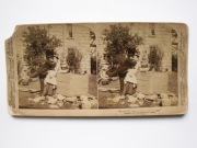 345 Fotografia stereoskopowa - scenka romantyczna, pocałunek przy studni