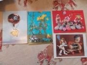 zestaw stare kartki pocztowe motyw zabawki, pluszaki z czasów prl