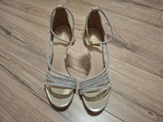 Złote szpilki z paskiem w cyrkonie na szpilce, rozmiar 39