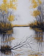 OBRAZ RĘCZNIE MALOWANY PEJZAŻ AKRYLOWY "W ZŁOTAWYM ODBICIU" - 30x24cm